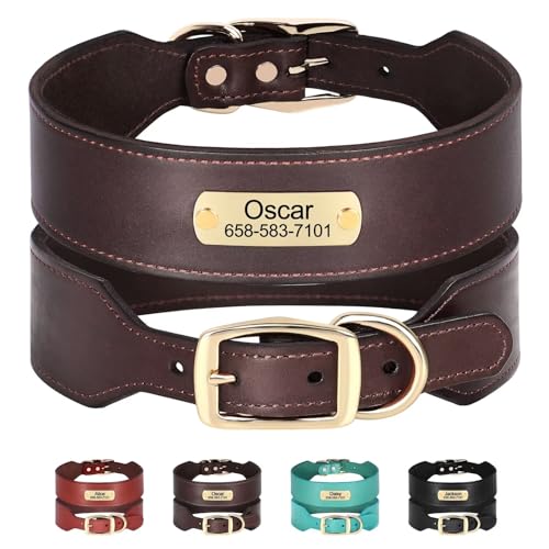Beirui Personalized Dog Collars with Name Plate, Leather Dog Collar with Engraved Nameplate, Stylish and Heavy Duty Custom Dog Collar with Name for Large Medium Dogs (Brown,L)