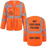 Custom Printed Yoko Premium Orange Hi-Vis Zipped Long Sleeve Safety Vest with Pockets – High Visibility Workwear Phone, Pen Holder ID Wallet, Brook Hi Vis (Orange, XLarge)