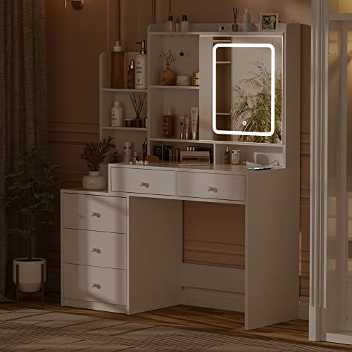 Vabches Vanity Desk With Mirror And Lights,Makeup Vanity With 6 Drawers And Shelves,Vanity Table With Power Outlet,Makeup Desk With Led Lighted Mirror In 3 Colors,For Bedroom,White #TOP6