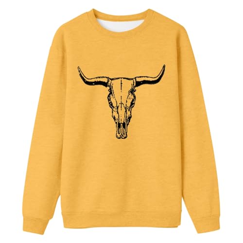 Zanisouta Sudadera para mujer, informal, camiseta de manga larga con estampado de calavera de toro, unisex, estilo campestre, sudadera con capucha, ropa de calle, ropa de calle, estampado de tierras