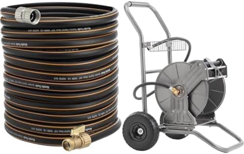 Giraffe Tools Garden Heavy Duty Metal Water Hose Reel Cart,200 ft of 1/2 Capacity and Hybrid Garden Hose 75ft x 5/8",Male and Female Fittings with Shut off Valve