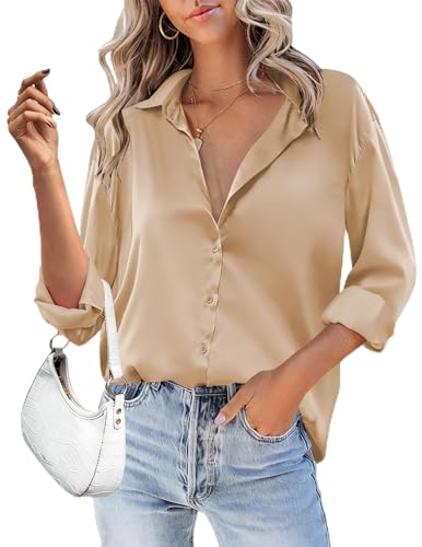 HOTOUCH Women Satin Silk Button Down Shirt Ladies Long Sleeve