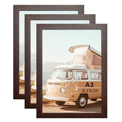 Image of KTKDE A3 Poster Frame Walnut Woodgrain Picture Frame-11.7x16.5in Set of 3- Photo Frame,Certificate Frame with Plexiglass for Wall Mount or Table Top Display