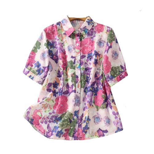 Image of Gufrina Women Mustard Multicolor Floral Print Button-Down Shirt with Elbow Sleeves and Collar Neck in Soft Breathable Fabric Ideal for Casual wear and Relaxed Styling