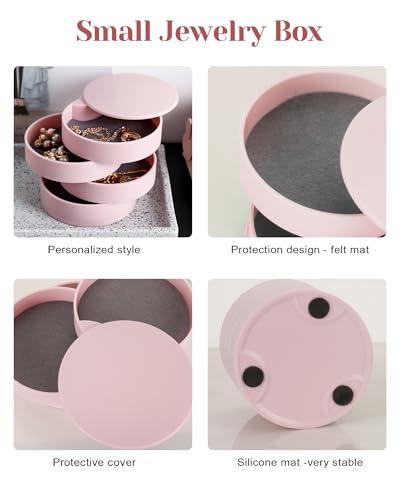 CONBOLA Jewelry Organizer, Small Jewelry Storage Box Earring Holder for Women, 4-Layer Rotating Travel Jewelry Tray Case with Lid for Bracelets Rings Bracelets, Gift for Women Teen Girls