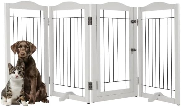 Freestanding Dog Gate - 4-Panel Foldable Indoor Pet Fence with Lockable Door and Support Feet - 80x32in Extra Wide Wood Dog Gate for Stairs, Hallways, or Doorways by PETMAKER (White)