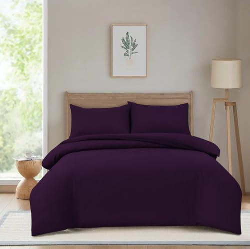 Hadi London Microfibre Duvet Cover Set Single Double King Soft Breathable Brushed Bedding Set Quilt Cover with 2 Matching Pillowcase (Purple, Double)