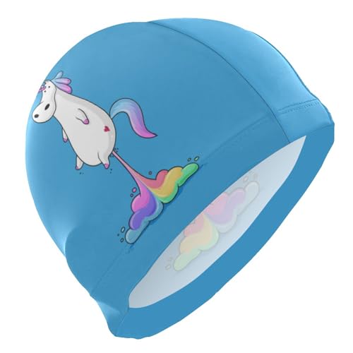 Dallonan Swimming Cap Cute Fat Unicorn Farting Rainbow Funny Unisex Adult Swim Cap Polyester