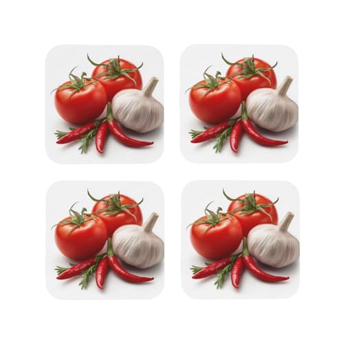 Tomatoes Red Chillies and Garlic Drinks Coasters Set of 4 Leather Drink Coasters for Tabletop Protection Heat Resistant Bar Cup Mat Pad