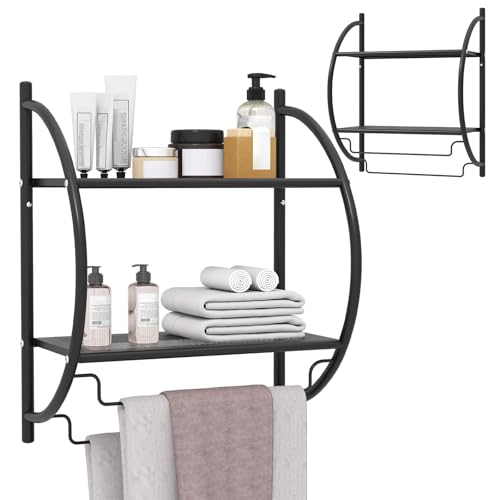 LIFEZEAL Badezimmerregal Hängend, Wandregal Badezimmer mit 2 Ablagen & Handtuchhalter, Hängeregal Wand, Handtuchablage Badetuchhalter Bad 45 x 25,5 x 55 cm (Schwarz)