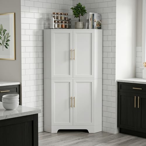 Corner Cabinet, Metal Storage, Kitchen Pantry Cabinet with Adjustable Shelves