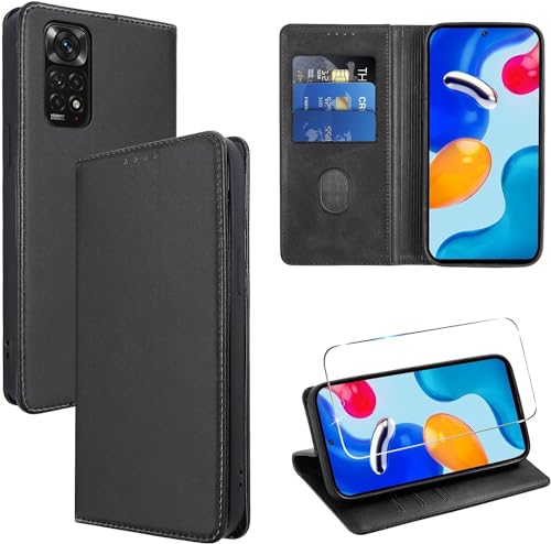 Vauki Coque Cuir pour Xiaomi Redmi Note 11/Note 11S 6.43" avec 1 Verre Trempé Etui à Rabat en PU Porte-Cartes Portefeuille Support Flip Housse Magnétique Antichoc Anti-Rayures Case,Noir