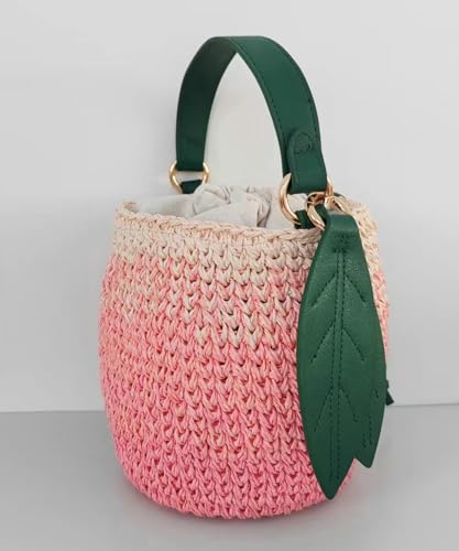 Obosoyo Cute Straw Bag 2025 Summer Beach Woven Handbag Crossbody Bag Gradient Peach Bucket Fruit Bag3