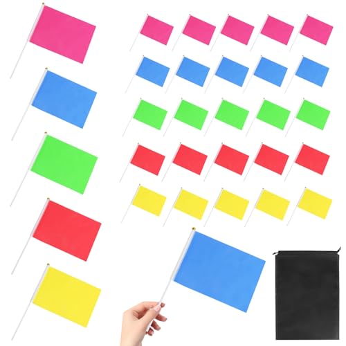 30 Mini Drapeaux Colorés 21×14cm Avec BâTon 30cm, Petits en Drapeaux Tenus à La Main Rouge, Jaune, Bleu, Vert & Rose, Mini Drapeauxs Pour FêTe, Jardin, éCole & DéCoration D’éVéNement