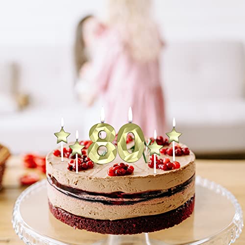 80Th Birthday Candles For Cake - Number 80 & 8 & 0 Birthday Candles And Glitter Star Birthday Candles 2 Inch 3D Diamond Shape Number Candles For Birthday Party Anniversary Kids Adults(Gold) #TOP3