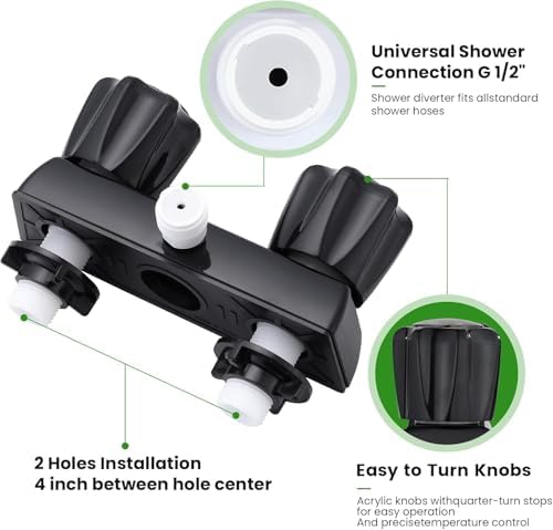 Resim RV Duş Bataryası Çift Kulplu Camper Duş Bataryası Değiştirme 4" RV Duş Vanası Yönlendirici, Camper Van için Dış ve İç Banyo Duş Akrilik Topuzlu (Siyah Musluk) 