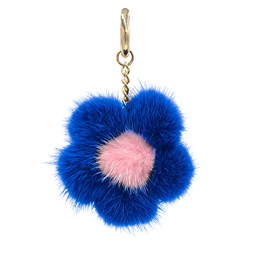 Surell - Genuine Mink Fur Pom Flower Keychain - Bag Beach Daisy Purse Charm - Floral Pocketbook Accessory (Small, Blue) #TOP7