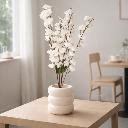 Image of Artificial White Flower Stems in Modern Ceramic-Style Pot Faux Blossom Arrangement for Home Decor, Living Room, Bedroom, Office Desk, Table Centerpiece & Interior Decoration