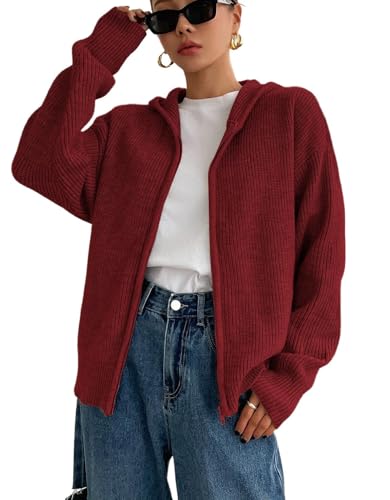 Image of SOLY HUX Zip Up Cardigan for Women Hooded Cardigan Sweater Knitted Drop Shoulder Fall Clothes Winter Hoodies Outerwear