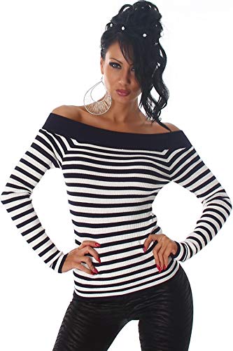 Jela London Damen Streifen-Pullover Fein-RIPP Stretch Carmen-Ausschnitt...