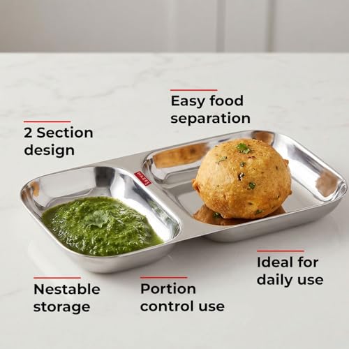 Image of HAZEL 2 Compartment Stainless Steel Section Plate | Rectangle Divided Thali Tray for Snacks, Meals & Portion Control