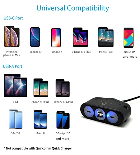 Cargador de coche USB C Cliff Top de 53W con 4 puertos y botón de apagado 2