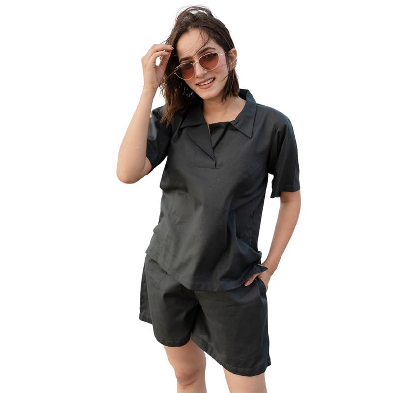 Babli Women's Slate Grey Co-ord Set Shorts & Top | Polo Neck, Short Sleeves, Elasticated Shorts, Two Pockets, Cotton-image-42