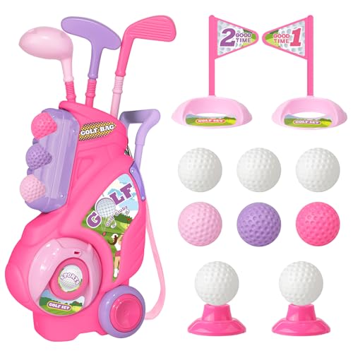 Jovizo Toddler Golf Set for Girls Boys 2 3 4 5 Years Old, Upgraded Kids Golf Cart with 3 Clubs & 8 Balls, Outdoor Indoor Sports Toys Birthday, Pink