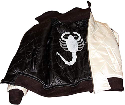 SpazeUp Mens White Quilted Satin Bomber Jacket - Reversible Scorpio Logo Bomber Jackets for Men