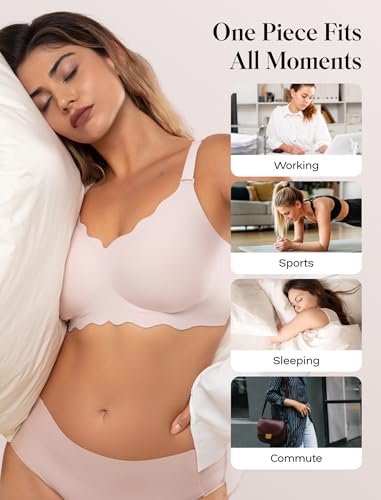 Image of COMFELIE Wireless Full Coverage Bra No Underwire Scalloped Lace Edge Breathable Pink M