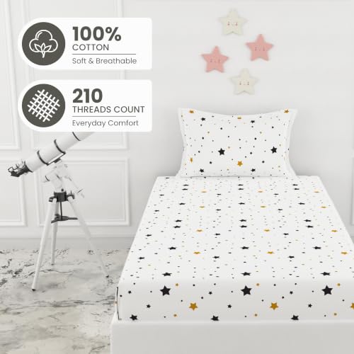 Image of LORETO - A QUALITY LINEN BRAND 210 TC 100% Pure Cotton Single Fitted Bedsheet with 1 Pillow Cover for 78 x 36 Inch Mattress, All-Around Elastic, 8 Inch Deep Pocket, Black & Gold Stars