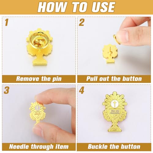 Image of Hoteam 50 Pcs First Communion Enamel Lapel Pins Bulk Chalice with Grapes and Wheat Gold Plated Religious Pins Gifts for First Holy Communion Catholic Baptism Christian Memorial Favors