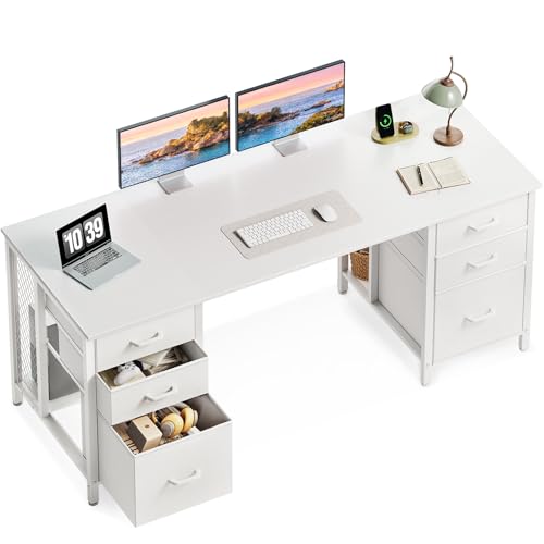 ODK 63 inch Office Desk with 6 Fabric Drawers & File Cabinets, Work from Home Computer Desk with Hidden Storage Stand, White
