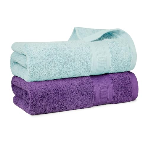 Image of MYTRIDENT Soft Comfort Air Rich 100% Cotton Towels for Bath, 500 GSM Large Size Bathroom Towels for Men /Women, 2PC Bath (69 cm x 137 cm), Nile Blue and Plum