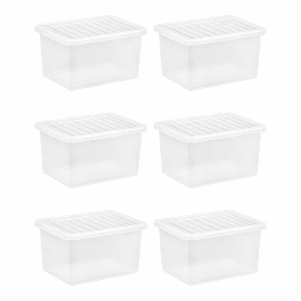 Jms We Create Smile Clear Set Of 6-24L Litre Crystal Container Plastic Storage Boxes With Lids Transparent Stackable Boxes Bedroom Office Home Kitchen