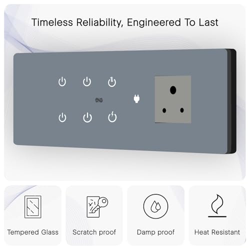 Image of IOTICS Smart Wifi Switch Board: 6 x Switch & 1 x Smart Plug Module. Touch Control, Remote, App Control. Voice Control with Alexa & Assistant. Smart Touch Switch For Home Automation (Grey)