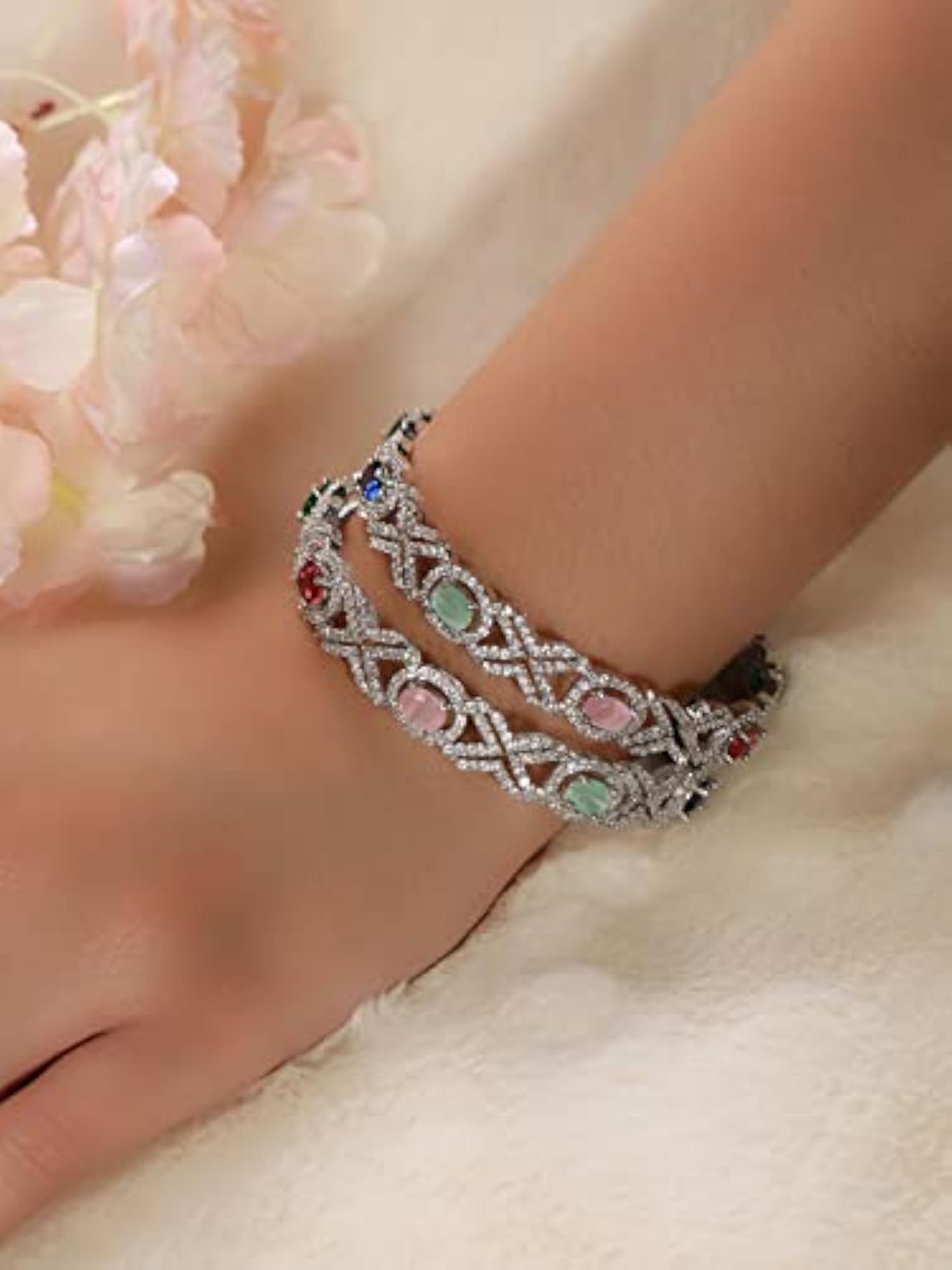 Green Stone Studded AD Plated Bangle Set of 2, Stylish Gift