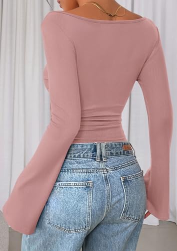 Image of PRETTYGARDEN Women Long Sleeve Shirt 2025 Crop Casual Boat Neck Bell Sleeve Ribbed Ruched Y2K Clothing