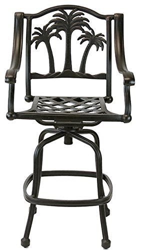 Palm Tree Outdoor Patio Set 8Pc Swivel Barstools 30" H Dark Bronze Cast Aluminum, Walnut Cushions #TOP5