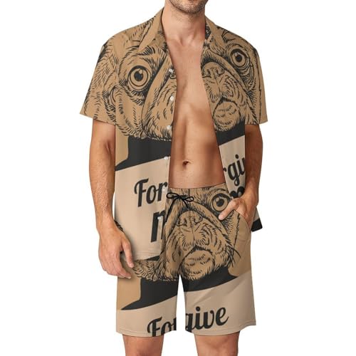 Ensemble Bouledogue Chemise Hawaïenne Homme Motif Animalier Fluide avec Short Pantalon S