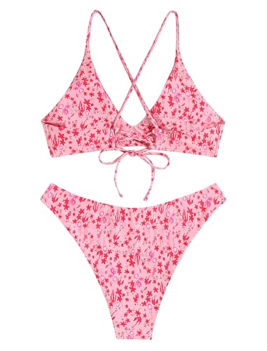 Image of ZAFUL Women's Tie Back Padded High Cut Bralette Bikini Set Two Piece Swimsuit