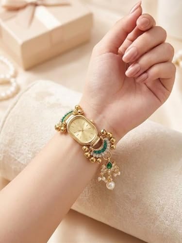 Image of Kashmiri Women's Bracelet Watch, Gold Tone, Oval Dial, Green Stone Charm with Pearl Pendant, Ethnic Style