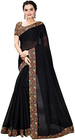 Manish Women's Chanderi Plain Lace Work Saree With Unstitched Blouse