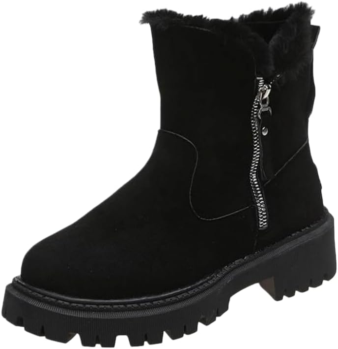Women's Fur-Lined Winter Ankle Boots, Suede Side Zip Winter Boot, Lug Sole Chunky Heel Fleece Warm Snow Booties