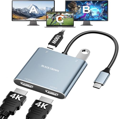 Image of BLACK CROWN USB C to Dual HDMI Adapter, 4 in 1 USB Type C Hub with 2 HDMI /USB3.0 /PD Charging, Dual Screen Display USB-C Docking Station for Windows, M-acOS