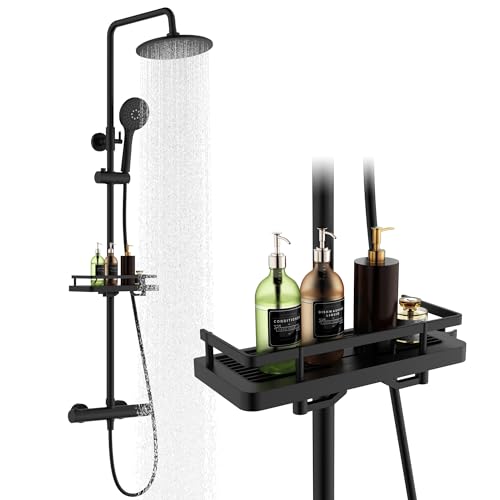 HOMELODY Sistema de ducha con termostato y estante de ducha – Juego completo de grifo de ducha negro con cabezal redondo de lluvia, 3 tipos de chorro, ducha de mano ABS, bloqueo de seguridad a 38 °C