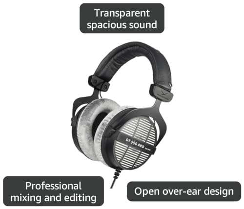 Image of beyerdynamic DT 990 PRO, 250 Ohm, Open Back, Over Ear, Wired Headphones, 3m Coiled Cable, Black with Grey Velour Ear Pads | 3m Coiled Cable with 3.5mm Plug and 1 /4 Adapter, Silver-Grey Velour Pads, Handmade in Germany