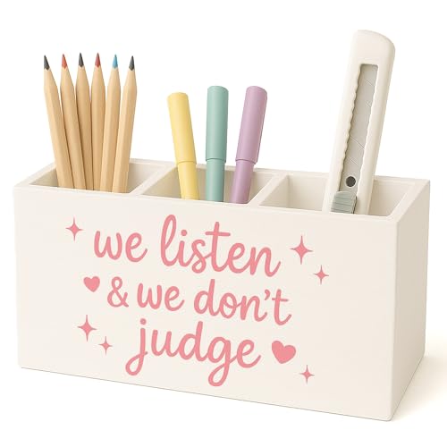 FISWAFY Pink Mental Health Wooden Pen Holder for Desk, Therapy Counselor Office Decor Must Haves, We Listen and We Don't Judge Inspirational Pencil Holder for Desk Decor