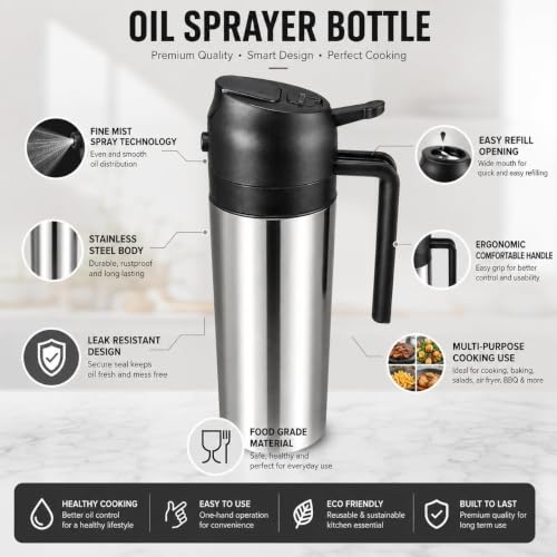 Image of Stainless Steel Oil Sprayer and Dispenser Bottle | Leak-Proof | 500ml 2-in-1 Dual-Function Oil Bottle with Ergonomic Handle for Air Fryer, Cooking, Salads, BBQ & Baking Black (Pack of 01)