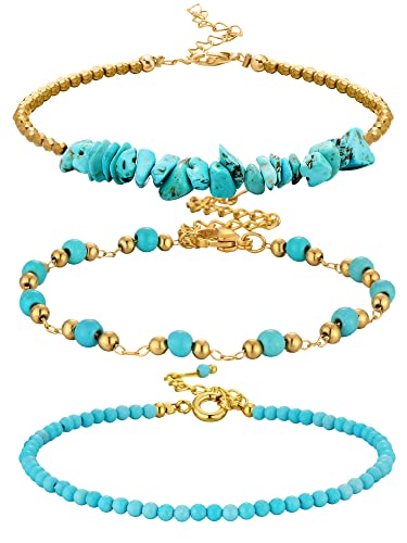 3 Pcs Turquoise Gold Beaded Bracelets for Women Western Bracelets Round Beads Dainty Bracelet Bohemian Jewelry